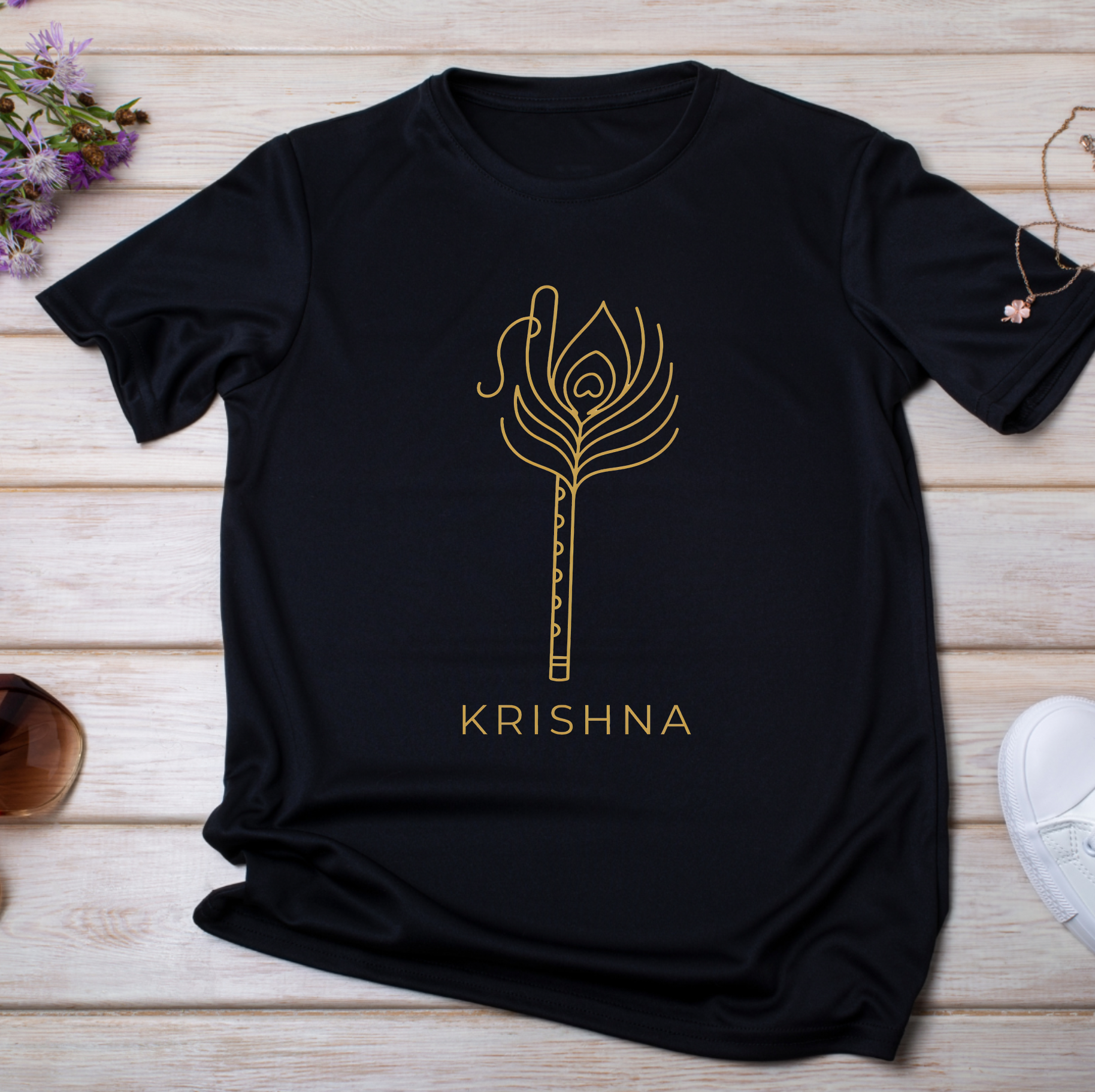 Krishna Feather Flute Minimalist Gold Design T-Shirt