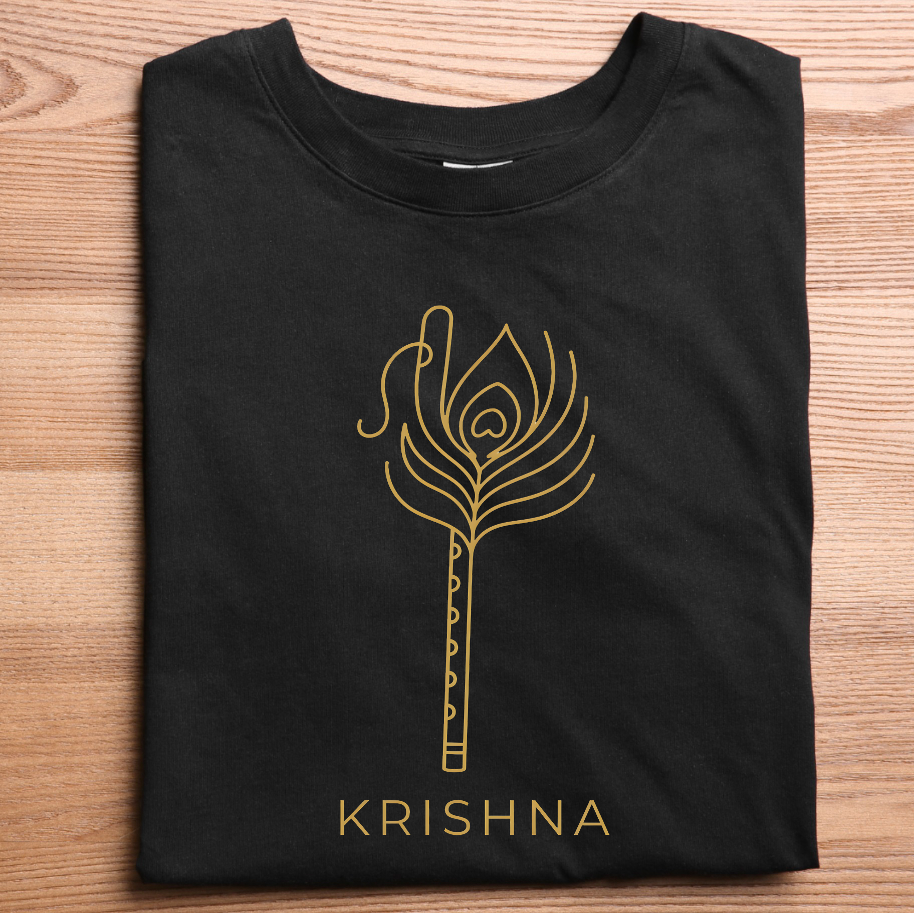 Krishna Feather Flute Minimalist Gold Design T-Shirt
