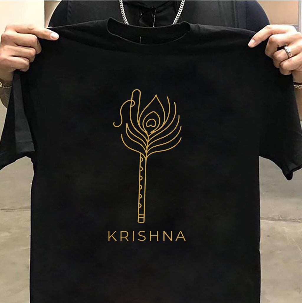 Krishna Feather Flute Minimalist Gold Design T-Shirt