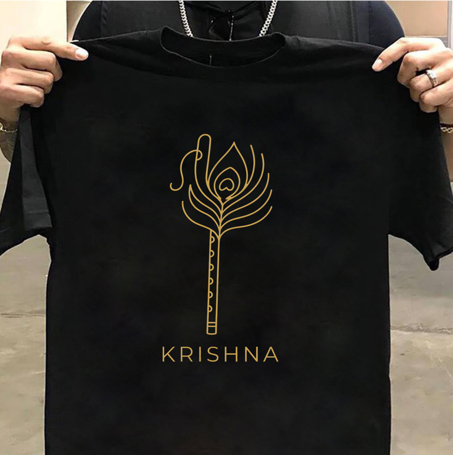 Krishna Feather Flute Minimalist Gold Design T-Shirt